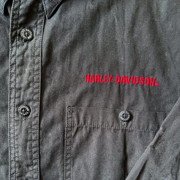 Harley Davidson Work Shirt Mens L Button-Down Long Sleeve Black Red Embroidered - Picture 9 of 11